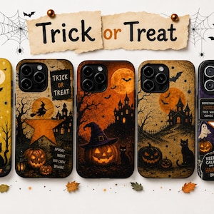 May include: Five smartphone cases featuring Halloween themes including ghosts, pumpkins, black cats, haunted houses, and bats. The designs incorporate text such as Trick or Treat, Boo, and Keep Calm and Haunt On, with color palettes of orange, yellow, and dark purple.