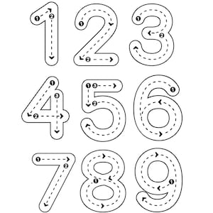 May include: Black and white educational worksheet titled "Number Tracing." The worksheet features the numbers 1 through 9, each outlined with a dotted line for tracing practice. Arrows indicate the direction of tracing, aiding in proper number formation.