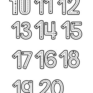 Peut inclure: Tableau éducatif en noir et blanc avec les chiffres de 10 à 20. Chaque chiffre est souligné d'un trait pointillé, indiquant le sens de l'écriture. Des flèches et des numéros guident la formation de chaque chiffre.
