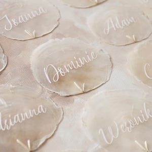 Op de afbeelding: Close-up van verschillende schelpen plaatskaarten met namen geschreven in elegant wit script. De schelpen zijn crèmewit van kleur en zijn gerangschikt op een lichtgekleurde stof, perfect voor een bruiloft of evenement met strandthema.