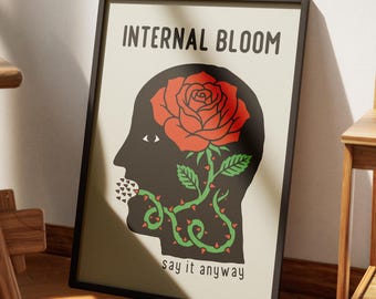 Mental Health Wall Art, Surreal Rose Head, Quote Poster, Therapy Office Print, Digital Download
