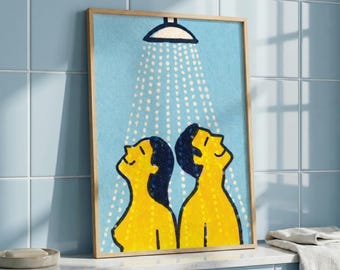 Couple Under Shower Printable Wall Art, Romantic Bathroom Poster, Quirky Love Digital Download