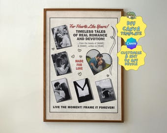Canva Template Editable Love Poster, Retro Photo Collage, Memory Book Wall Art, Romantic Printable Gift for Anniversary, DIY Couple Poster