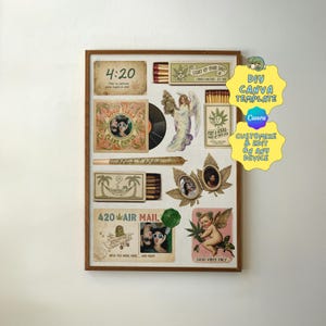 May include: A framed collage with retro imagery and text. It includes matchboxes, a vinyl record, an angel illustration, and a joint. Text includes "4:20", "Good Vibes", "420 Air Mail", and "Good Vibes Only".