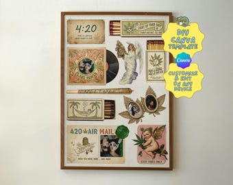 420 Humor Poster, Editable Canva Template, Funny Weed Wall Art, DIY Retro Matchbook Collage, Stoner Gift, Digital Download