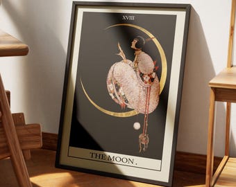 The Moon Tarot Print, Vintage Celestial Wall Art, Mystical Digital Download, Art Deco Poster Decor