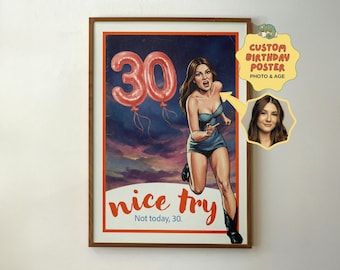 Custom Birthday Portrait Illustration | Funny Age Humor Poster | Custom Retro Pin-up Drawing, Painting from photo, Personalized Gift for her