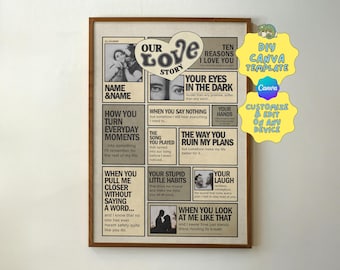 10 Reasons I Love You Canva Template, Editable Anniversary Newspaper, DIY Couple Gift Poster