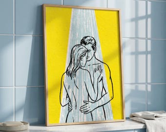 Couple Under Shower Print, Romantic Bathroom Wall Art, Minimal Poster Digital Download