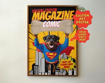 Custom Superhero Pet Poster, Comic Magazine Style Animal Art, Funny Dog Portrait Printable, Personalized Pet Wall Art