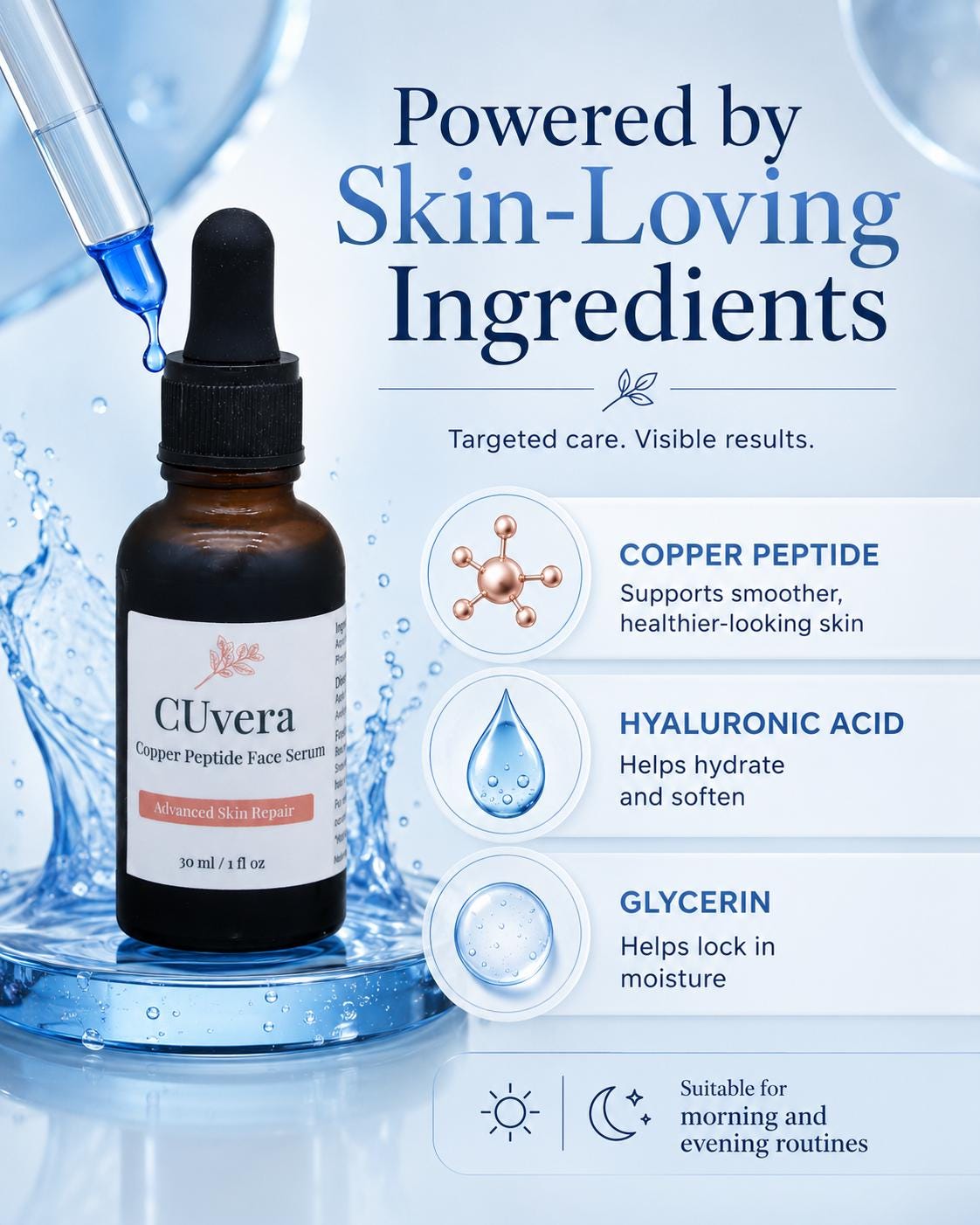 Cuvera™ Copper Peptide Face & Neck Serum With Hyaluronic Acid | 1% Ghk-cu | 1 Oz / 30 Ml