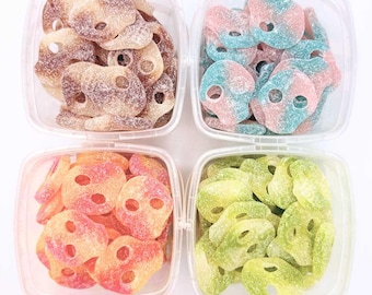 Mezcla de caramelos con forma de calavera sueca, manzana ácida, limón y frambuesa, gomitas escandinavas