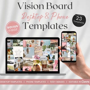 May include: A laptop and smartphone displaying vision board templates. The laptop shows a collage of images, while the phone is held in a hand. Text includes "Vision Board Desktop & Phone Templates" and "Bonus Inside".