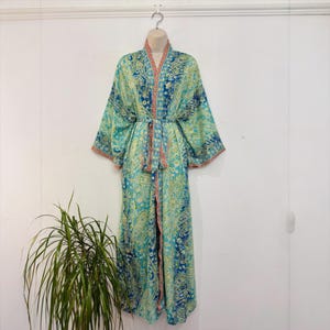 Recycled Sari Silk Kimono Robe | Turquoise Paisley Boho Maxi Dressing Gown