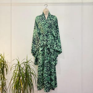 Green Leopard Print Maxi Kimono Robe | Silky Satin Boho Loungewear Cover-Up