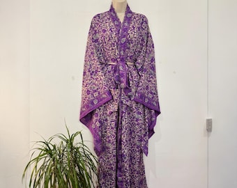 Boho Recycled Sari Silk Kimono Robe, Long Dressing Gown