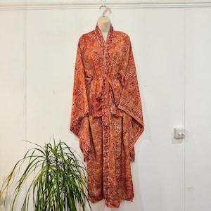 Burnt Orange Paisley Kaftan Robe – Terracotta Boho Silk Blend Maxi Kimono