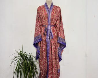 Peignoir kimono fleuri en soie recyclée, vêtement de plage bohème, manches cloche Royaume-Uni 8-20 ans