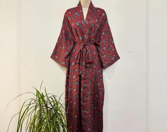 Recycled Sari Silk Kimono Robe | Red Vintage Paisley Boho Maxi Loungewear