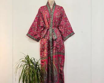 Recycled Silk Kimono Robe, Boho Beach Cover Up, Long Summer Dress