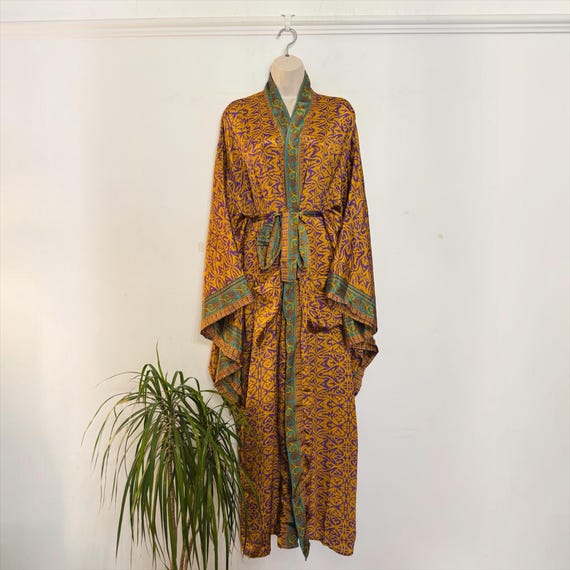 Recycled Sari Silk Kimono Robe – Turquoise Gold Border, Boho Festival Cover Up