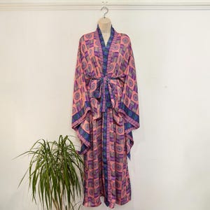 Long Kimono Dressing Gown, boho luxury loungewear, Recycled saris Kimono robe, UK 8-20