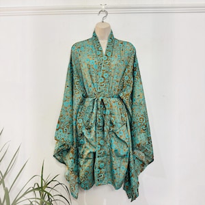 Turquoise Bronze Floral Kimono Robe | Silky Satin Wrap | Boho Wide Sleeve Cover-Up