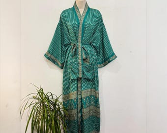 Recycled Silk Kimono Robe, Boho Beach Cover Up, Long Dressing Gown