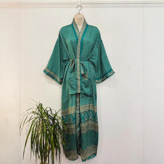Recycled Silk Kimono Robe, Boho Beach Cover Up, Long Dressing Gown