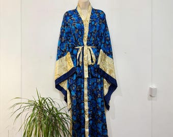 Recycled Silk Kimono Robe, Boho Beach Cover-Up, One Size