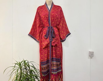 Robe de chambre kimono en soie recyclée, tenue de plage bohème, robe de chambre à fleurs