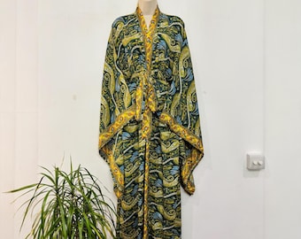 Boho Paisley Silk Kaftan Maxi Dress, Recycled Sari Kimono Robe For Her