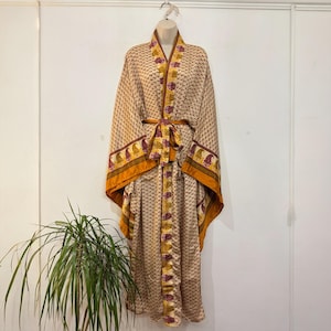 Recycled Silk Kimono Robe, Boho Loungewear, Floor Length Dressing Gown