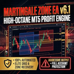 May include: A digital trading interface displaying the text MARTINGALE ZONE EA v6.1 HIGH-OCTANE MT5 PROFIT ENGINE. The screen shows a candlestick chart with blue and red zones, a gold banner stating 100% AUTOMATED ELITE GRID & ZONE RECOVERY, and a warning sign.