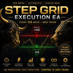 May include: A digital graphic featuring the text "STEP GRID EXECUTION EA" and illustrations of a bull and a bear. The image includes text about trading, such as "Every £10 move = new trade" and "Trade without emotions."