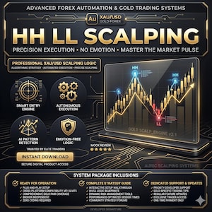 May include: A digital product advertisement for HH LL Scalping gold forex trading software. The graphic features gold and black text, a glowing candlestick chart on a glass display, and icons for smart entry, autonomous execution, and AI pattern detection.