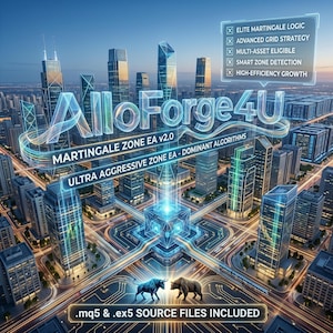 May include: A digital graphic featuring a futuristic cityscape with glowing blue lines. Text reads AlloForge4U, Martingale Zone EA v2.0, Ultra Aggressive Zone EA - Dominant Algorithms, and .mq5 & .ex5 source files included. A bull and bear face each other.