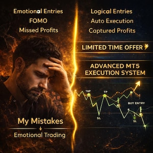 Puede incluir: Gráfico digital con un hombre estresado, dividido por un rayo dorado. El texto incluye "Entradas emocionales", "FOMO" y "Beneficios perdidos" por un lado, y "Entradas lógicas", "Ejecución automática" y "Beneficios capturados" por el otro. También hay un gráfico de bolsa y "OFERTA LIMITADA".