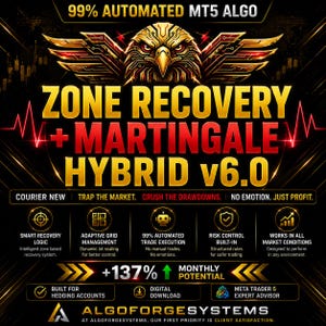Könnte beinhalten: Eine digitale Grafik für eine zu 99 % automatisierte MT5-Algo-Handelssoftware mit dem Titel Zone Recovery + Martingale Hybrid v6.0. Das Design zeigt ein goldenes Adler-Emblem sowie Text zur intelligenten Wiederherstellungslogik, adaptivem Grid-Management und einem monatlichen Potenzial von 137 %, alles vor einem dunklen Hintergrund mit leuchtend roten und goldenen Akzenten.