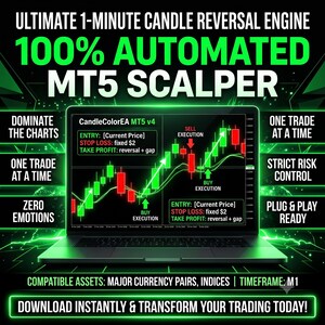 May include: A laptop screen displays a trading chart with red and green candlesticks, labeled CandleColorEA MT5 v4. Text includes ULTIMATE 1-MINUTE CANDLE REVERSAL ENGINE, 100% AUTOMATED MT5 SCALPER, DOMINATE THE CHARTS, ONE TRADE AT A TIME, ZERO EMOTIONS, STRICT RISK CONTROL, PLUG & PLAY READY, COMPATIBLE ASSETS: MAJOR CURRENCY PAIRS, INDICES | TIMEFRAME: M1, and DOWNLOAD INSTANTLY & TRANSFORM YOUR TRADING TODAY!