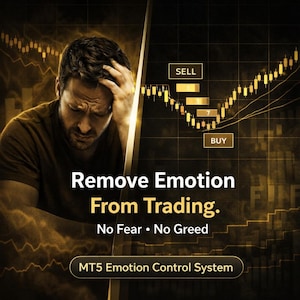 Puede incluir: Imagen promocional con un hombre visiblemente estresado. El texto dice: "Elimina la emoción del trading. Sin miedo, sin codicia". También se ve un gráfico de bolsa y las palabras "VENDER" y "COMPRAR".