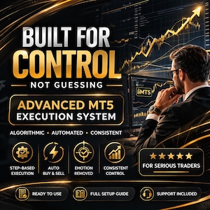 Puede incluir: Imagen promocional con el texto "BUILT FOR CONTROL - NOT GUESSING" y "ADVANCED MT5 EXECUTION SYSTEM". Presenta iconos para la ejecución paso a paso, compra y venta automática, eliminación de emociones y control constante. Un hombre con traje mira una pantalla de ordenador.