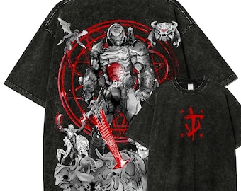Vintage gewassen Demon Slayer Armor-T-shirt, retro rood grafisch Sigil-shirt, gamecadeau voor fan