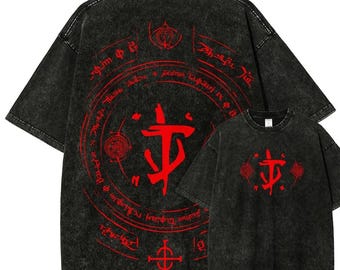 Vintage gewassen rood Sigil-grafisch T-shirt, Occult Circle-ontwerpshirt, gamecadeau voor fan