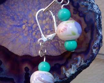 Asian Floral Fused Ceramic with Turquoise Earrings