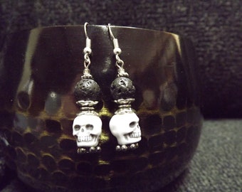 Two Heads are Better then One Lava Stone and Skull Earrings