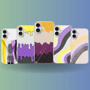 Puede incluir: Cinco fundas para teléfono con diseños coloridos. Las fundas presentan varios patrones, incluyendo un paisaje urbano, ondas abstractas y una persona sosteniendo una bandera. La paleta de colores incluye amarillo, morado y tonos neutros.