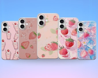 Kawaii Strawberry Aesthetic Phone Case for iPhone 17 Pro Max, 16e, 15, 14, 12 Samsung S25 Ultra, S24 FE, A56, Pixel 10 XL, 9a, 8, 7, 6