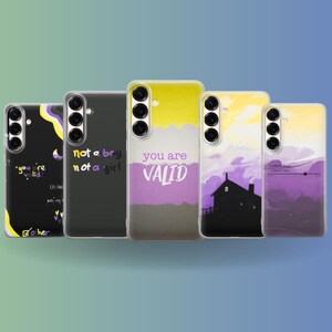 May include: Five phone cases with various designs and text. The cases feature a black case with yellow accents and the text "you're valid", a dark green case with the text "not a boy not a girl", and a yellow and purple case with the text "you are VALID".