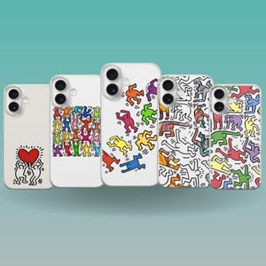 May include: Five white phone cases with vibrant pop art designs. The cases display diverse illustrations, including a heart, stick figures, and abstract figures in bright colours. The cases are arranged in a row against a teal background.